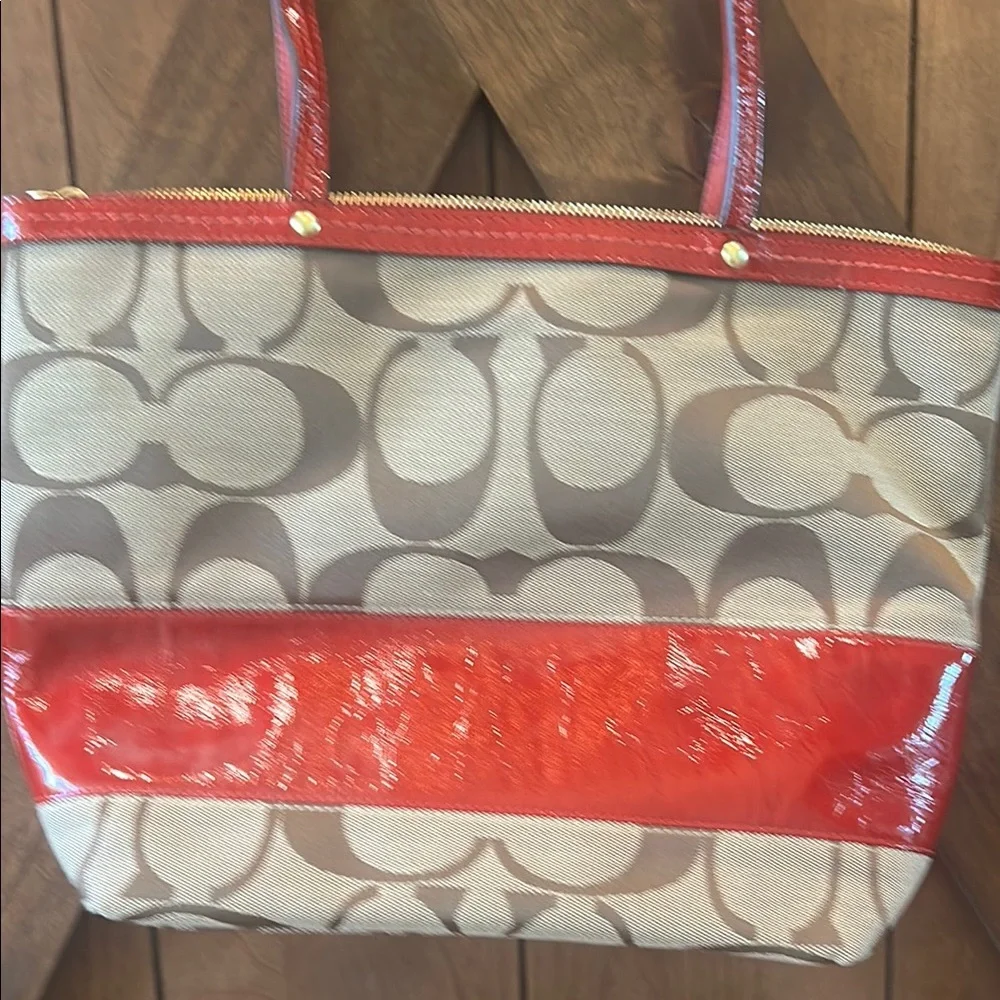 Coach Signature Canvas Tote Bag - Red and Tan - Picture 3 of 6